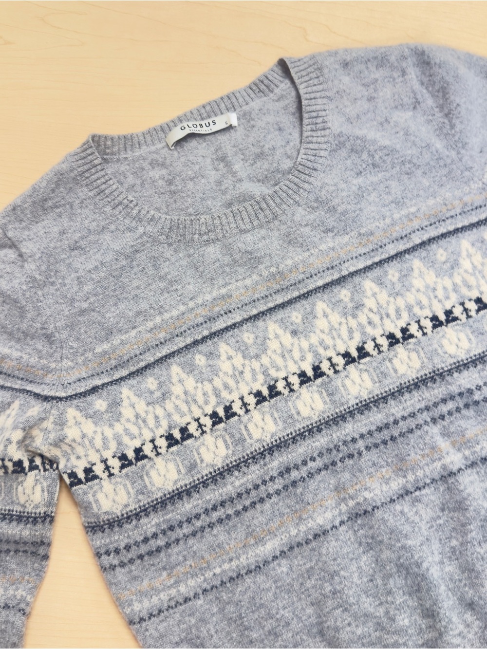 Globus Globus 100% Cashmere Fair Isle Crewneck Sweater Light Gray Small